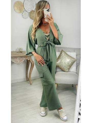 MyLookFeminin,ensemble pantalon cargo et top noué kaki,prêt à porter mode femme