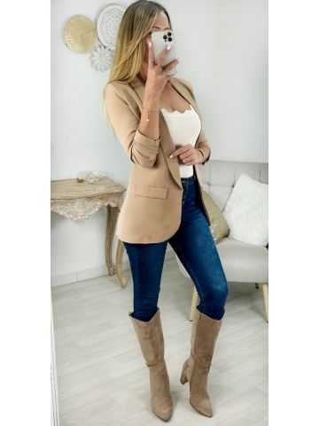 My Look Féminin| blazer beige foncé manches 3/4,prêt à porter pour femme