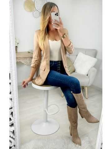 My Look Féminin| blazer beige foncé manches 3/4,prêt à porter pour femme