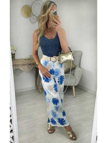 pantalon style lin fleurs bleues
