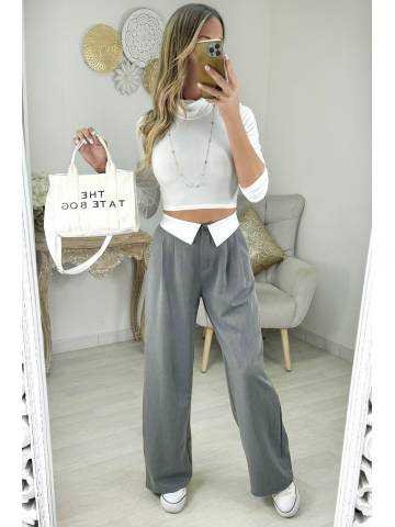 Pantalon droit Gris chiné et blanc