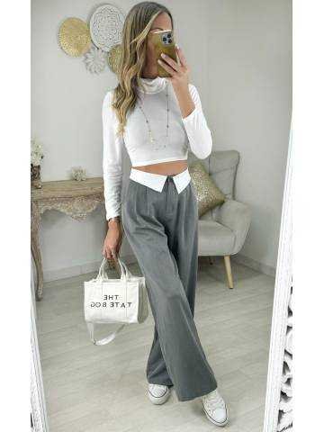 Pantalon droit Gris chiné et blanc